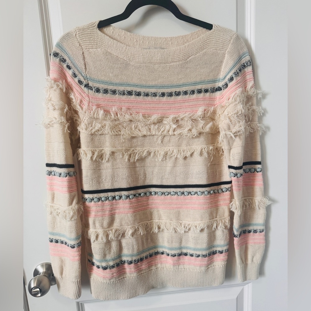 LOFT Cream and Pink Fringed Sweater-Size Small